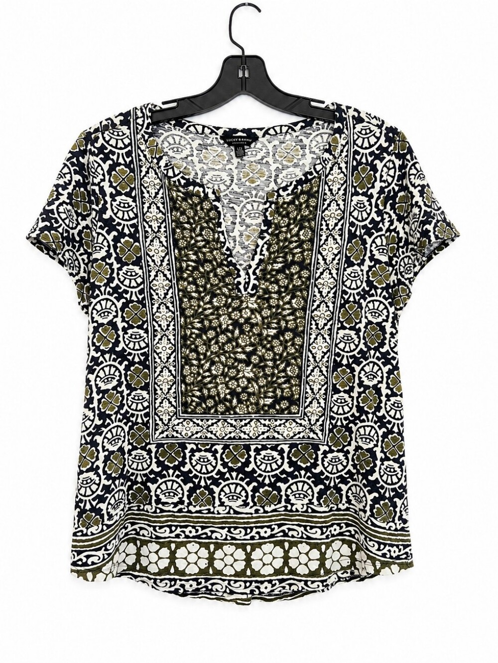 Lucky Brand Women’s Boho Print Short Sleeve Top Blue & Olive Size Large